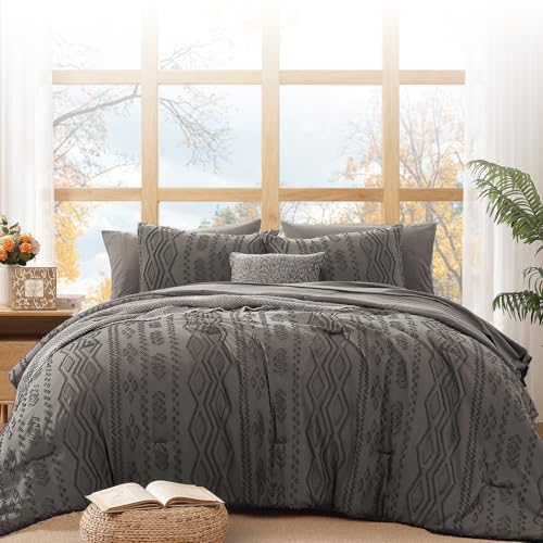 Image of King Size Comforter Set- 7 Pieces Tufted Bed in a Bag King Bedding Sets | All Season Shabby Chic Boho Bedding with Comforter, Sheets, Pillowcases & Shams, Grey