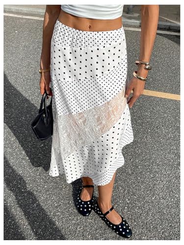 MakeMeChic Women's Fall Midi Skirts Boho Floral Lace Polka Dots Asymmetrical Ruffle Skirt4