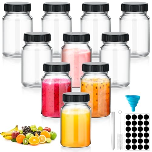 VINATO 10er Set Mini-Glasflaschen 60ml mit Deckel - Spülmaschinenfeste kleine Glasflaschen zum Befüllen, inkl. Trichter & Etiketten für Ingwer Shots, Aufbewahrung von Lebensmitteln, Mini-Gläser