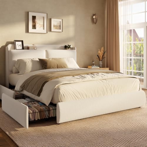 Image of Garvee Chenille Fabric Full Size Bed Frame with 2 Storage Drawers - Beige
