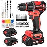Brushless Cordless Hammer Drill Set, 21V Impact Drill Driver and Screwdriver Set with 2 Batteries, 25+3, 10mm Heave Duty DrillChuck, 2 Speed Power Combi Battery Drill Set with 87 Accessories for DIY