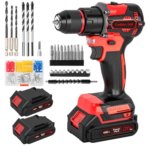 Brushless Cordless Hammer Drill Set, 21V Impact Drill Driver and Screwdriver Set with 2 Batteries, 25+3, 10mm Heave Duty DrillChuck, 2 Speed Power Combi Battery Drill Set with 87 Accessories for DIY