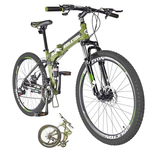 EUROBIKE 26” Full Suspension Mountain Bike 21 Speed Folding Bicycle Men or Women Bicycle(ArmyGreen)