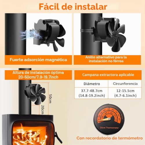Miniatura 4 de Hjh Ventilador De Chimenea Magnético, Sin Electricidad, Silencioso Ventilador De Chimenea Con 6 Hojas, Funciona Con Calor, Ventilador Para Estufa De Chimenea, Ahorra Combustible Eficiente, Con
