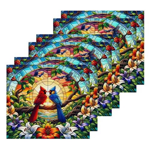YANENDIE Stained Glass Cardinals Washcloths Towels, Highly Absorbent and Soft Cotton Face Cloths, 6 Pack Quick Dry Wash Cloths - 12 X 12 Inches
