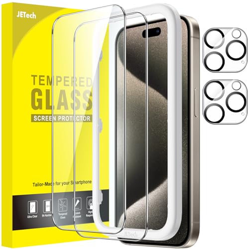 JETech Screen Protector for iPhone 15 Pro Max 6.7-Inch with Camera Lens Protector Easy Installation Tool Tempered Glass Film HD Clear 2-Pack Each