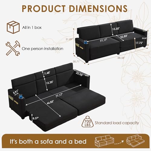 STHOUYN 89” 3 Seat Couches Sleeper Sofa Bed, Black Office Couch, Folding Love Seat Pull Out Bed with Cup Holders & Side Pockets (Black)