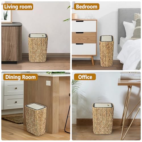 Image of Trongee Boho Trash Can with Lid for Bathroom,2.6 Gallon Small Rattan Garbage Can with Press Top Lid,Woven Wastebasket and Hamper 2 in 1 Wicker Trash Basket for Bathroom,Kitchen,Living Room,Bedroom