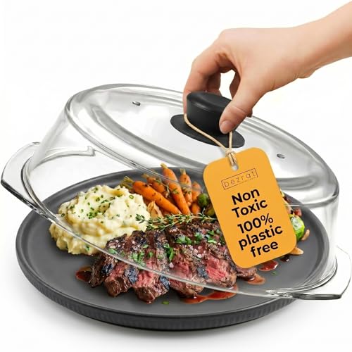 Image of Bezrat Microwave Tall Glass Plate Cover | Splatter Guard Lid with Easy Grip Silicone Handle Knob | 100% Food Grade | BPA Free and Dishwasher Safe | 10 Inch (Black-)