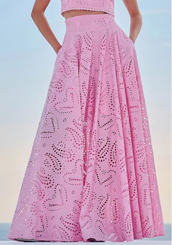 ebossy Women's Hollow Out Floral Pleated Skirts Back Elastic High Waist Swing A Line Eyelets Maxi Long Skirt4