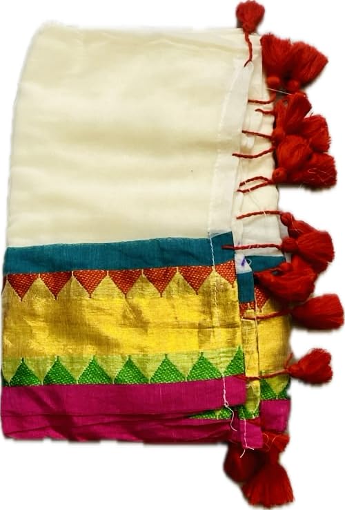 Image of Women's Mul Cotton Saree with Tassels | Soft Mulmul Saree | Woven Stripes & Zari Line | 5.5 Metres - Without Blouse