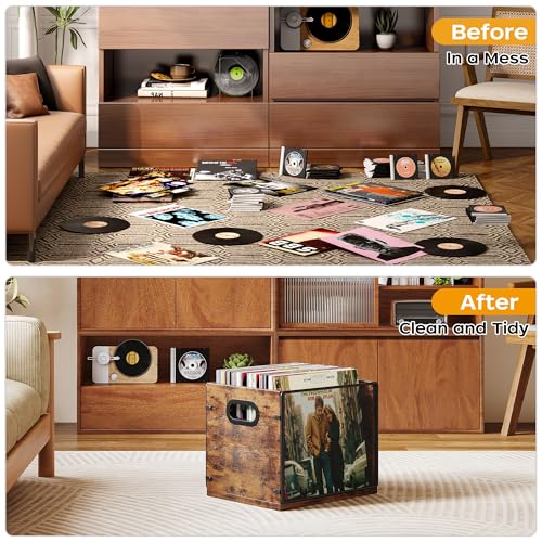 Homeiju Wooden & Metal Record Crate - Vinyl Album Holder & Organizer, Holds Up to 60 Records