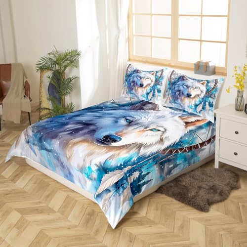 Wolf Kids Duvet Cover King Size,Dream Catcher Exotic Boho Bedding Set for Adults Kids Bedroom Decor,Tie-dye Graffiti Wild Animals Rustic Farmhouse Comforter Cover 2 Pillowcases,No Comforter - Image 2