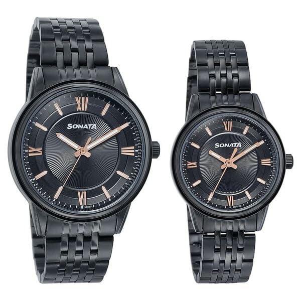 Image of Sonata Wedding Edit Quartz Analog Black Dial Stainless Steel Strap Watch for Pair