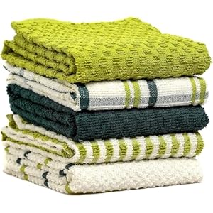 BLOOM BLENDS 5-Pack Terry Cotton Kitchen Tea Towels | Super Absorbent, Quick-Drying, and Soft Dishcloths for Everyday Use | Durable & Machine Washable Towel Set (Sage Green)