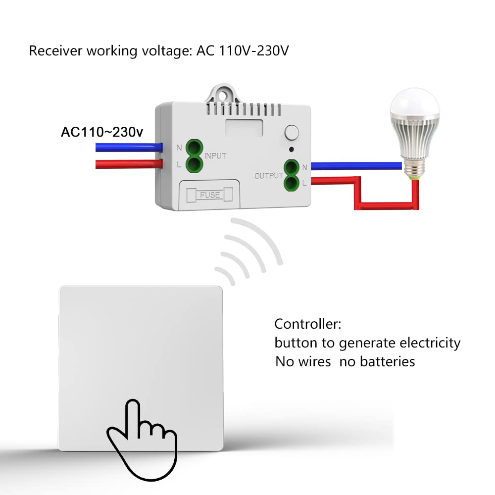 Interruttore Wireless Senza Fili VIVIS - Controllo Luci Senza Batterie, Facile Installazione - Kit 1 A 1
