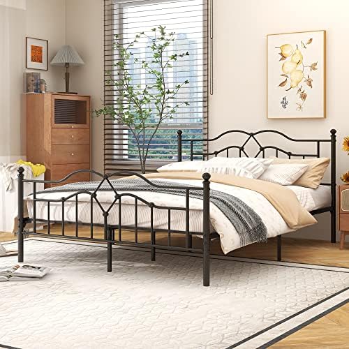 alazyhome Metal Platform Queen Size Bed Frame with Vintage Sturdy Headboard and Footboard Easy Assembly No Noise No Box Spring Needed Black