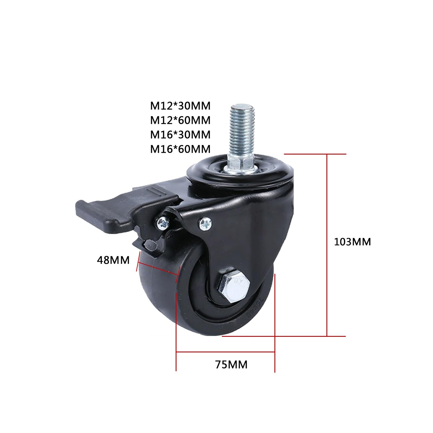 per carichi Pesanti 3" M12 16 Ruote con Perno filettato 360° Rotante Silenzioso Ruote 1600 lbs capacità di carico Set da 4 (2 Girevole + 2 con Freno) per Industriale Uso