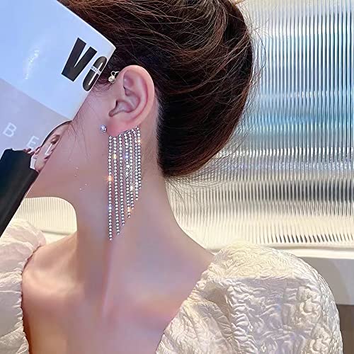 Rhinestone Long Tassel Earings, Bohemian Retro Tassel Long Dangle Chain Earrings Without Pierced Earrings, Dangle Ear Cuff Earrings Jewelry Gift For Grils (Silver) #TOP3