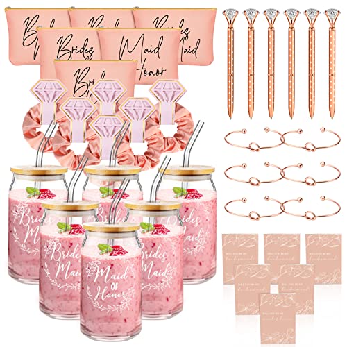 Irenare 36 Pcs Bridesmaid Proposal Gifts Bridal Shower Gifts 16 oz Glass Cup Cosmetic Makeup Bags Invited Cards Scrunchies Hair Knotted Bracelets Diamond Pens Favors for Wedding (Rose Gold)