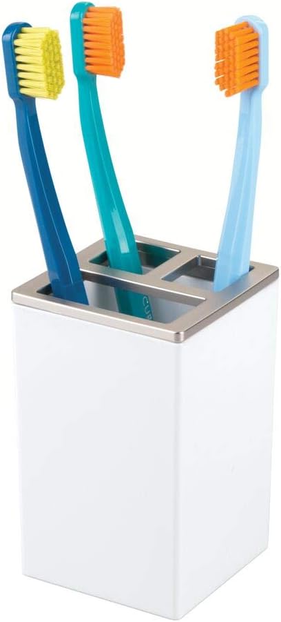 iDesign 41282 iDesign InterDesign Toothbrush Holder Stand for Bathroom Vanities-White/Brushed Clarity, 6.35 x 6.35 x 10.16 cm