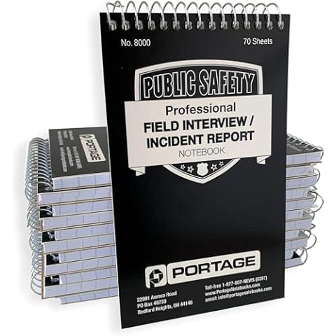 Portage Public Safety Police Field Interview Notebook – Top Bound Spiral Notebook with Template for Interviews, Accidents & Incident Reports – 3.75 x 6 Inches, 70 Sheets, 140 Pages, (Pack of 12) Cover