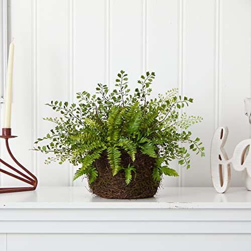 Nearly Natural 4846 Mixed Fern With Twig And Moss Basket,Green #TOP3