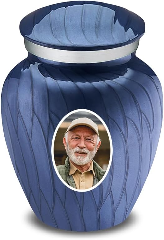 Geturns Embrace Keepsake Personalized Picture Cremation Urns for Human Ashes I Pearl Cobalt Blue Photo Funeral Urn for Men and Women with Double Side Engraving I 3.5 lbs