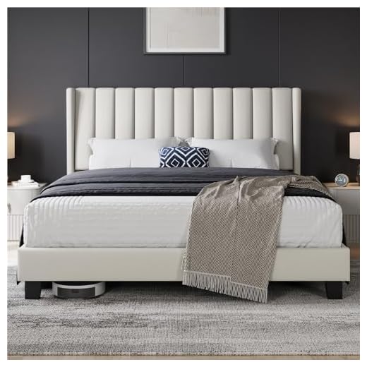 Yaheetech Lit Double Rembourré 160x200 cm avec Sommier à Lattes, Cadre de Lit Moderne pour Adultes 2 Personnes, Tête de Lit à Rayures, Lit en Bois et Métal, Beige