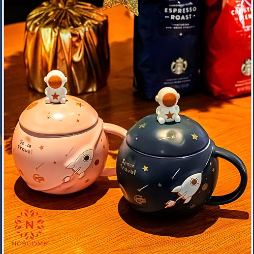 Image of NOSCOMP Astronaut Coffee Mug with Lid & Spoon| Embossed Planet Mug | Space Mug, Ceramic, 3D Creative Astronaut Universe Planet | Leak Proof | Portable (Astronaut-Brown, Capacity- 400 ML)