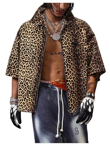 SHENHE Men's Summer Leopard Print Shirt Full Zip Up Short Sleeve Baggy Shirt Streetwear Top