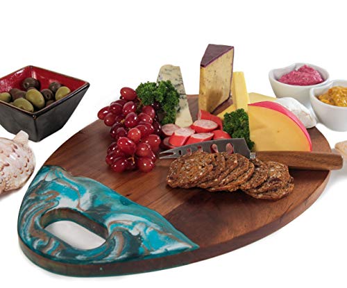 Wood Cheese Board and Knife Set, Large Cutting Board,16" x 12", Charcuterie board, Handmade Ocean Resin decorated Tear Drop shape Wood Cheese Board and Knife Set, Large Cutting Board,16" x 12", Charcuterie board, Handmade Ocean Resin decorated Tear Drop shape