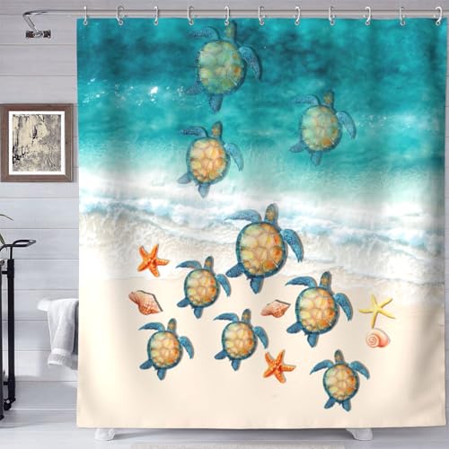 YETTA YANG Beach Sea Turtle Starfish Seashell Ocean Home Decorations Decor Opacity Spa Curtain Bathroom Shower Curtain Set 72 X 72 Inch with 12pcs Hooks Fabric