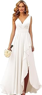 Chiffon Bridesmaid Dresses Long V Neck with Slit Ruffle Pleated Empire Waist Formal Dresses for Wedding - Buy now