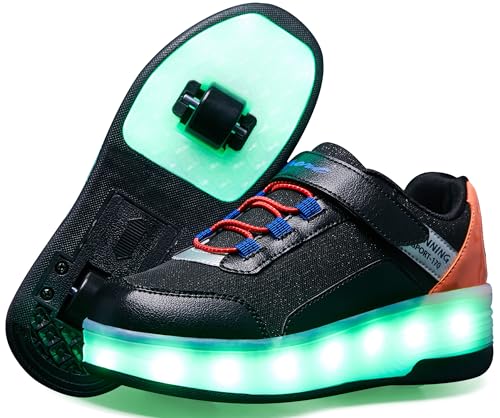 ANEFUN Kids LED Light-Up Roller Skate Shoes Fun Stylish Shoes with Wheels for Boys Girls for Birthdays Parties Christmas Black