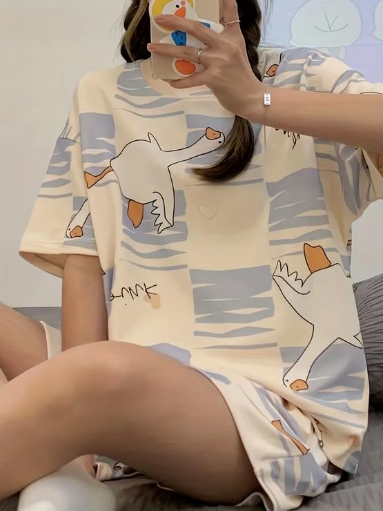 Image of Lunza Women's Cotton Blend Pajama Set, Short Sleeve T-Shirt and Shorts, Cute Bear Print Nightwear