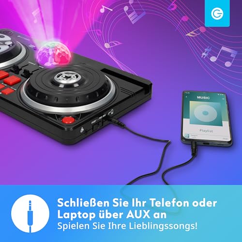 Silvergear® DJ-Set für Kinder | DJ Pult für Anfänger mit Discokugel | 46 Soundeffekte | AUX-Kabel für Eigene Musik | Tragbares DJ Equipment | Batteriebetrieben | 39.3 x20.5x6.4 cm | Schw