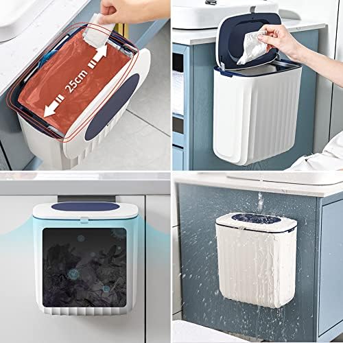 Hanging Trash Bin with Lid for Counter Top or Under Sink, 8 L Wall Mounted Garbage Can Kitchen Compost Bin for Kitchen, Bathroom, Bedroom, Office(Green)