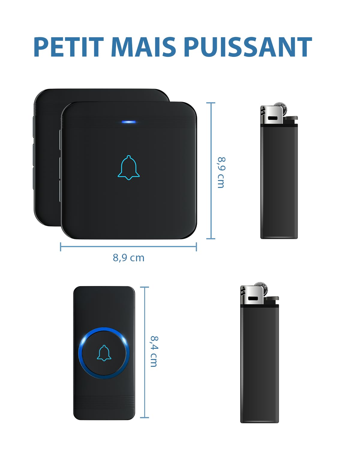 AVANTEK Sonnette sans Fil, Bouton de Sonnette, Carillon de Porte étanche IP55 avec 1 récepteurs enfichables, Flash LED, 5 Niveaux de Volume, 52 mélodies, portée de Fonctionnement de 400 m, Noir