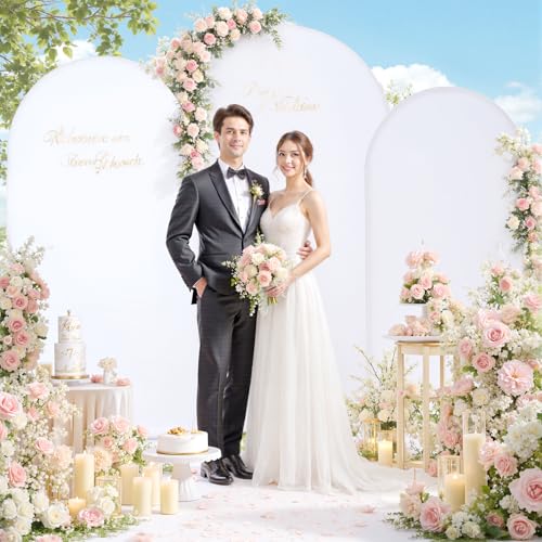 Image of White Arch Backdrop Cover Set of 3 (7.2ft, 6.6ft, 6ft), Double-Sided Spandex Chiara Arch Frame Covers, Wrinkle-Free Low-Transparency Fabric for Wedding Birthday Party Decor (No Stand)