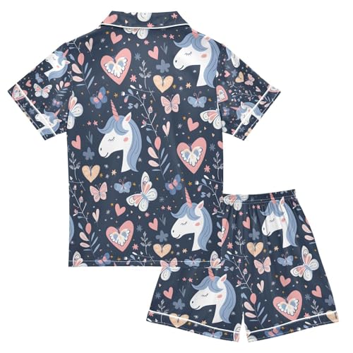 senya Unicorn Heads Hearts D Satin Summer Pajama Sets Silk Short Sleeve Button Down Sleepwear2