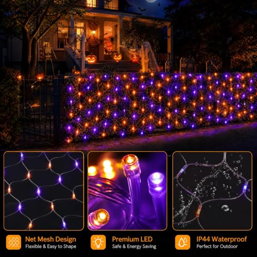 Image of Dazzle Bright Halloween 360 LED Net Lights, 12FT x 5FT Connectable Waterproof String Lights Clear Wire with 8 Modes, Halloween Decorations for Indoor Outdoor Party Yard Garden Decor, Purple & Orange