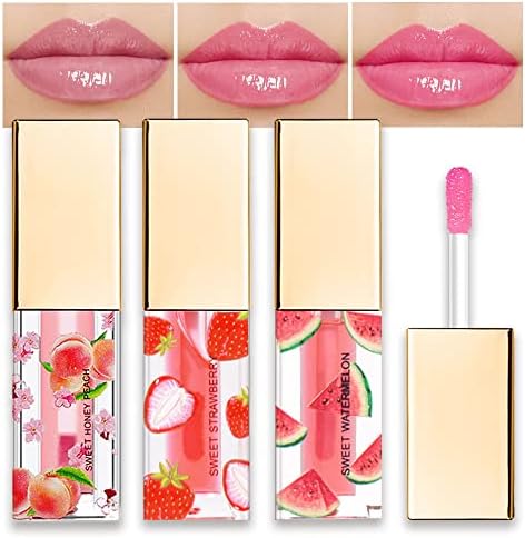 evpct 3Pcs Peach Strawberry Watermelon Mini Clear Color Change Changing PH Tinted Lip Gloss Set for Women Girls Lip Oil Gloss Balm Tint Stain Glaze Pack Lipstick Magic labiales magicos,0.088fl.oz *3