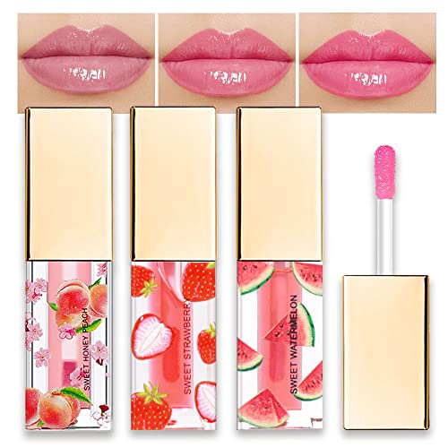 Image of evpct 3Pcs Peach Strawberry Watermelon Mini Clear Color Change Changing PH Tinted Lip Gloss Balm Set for Women Girls Lip Oil Gloss Tint Stain Glaze Pack bulk labiales magicos brillos para labios