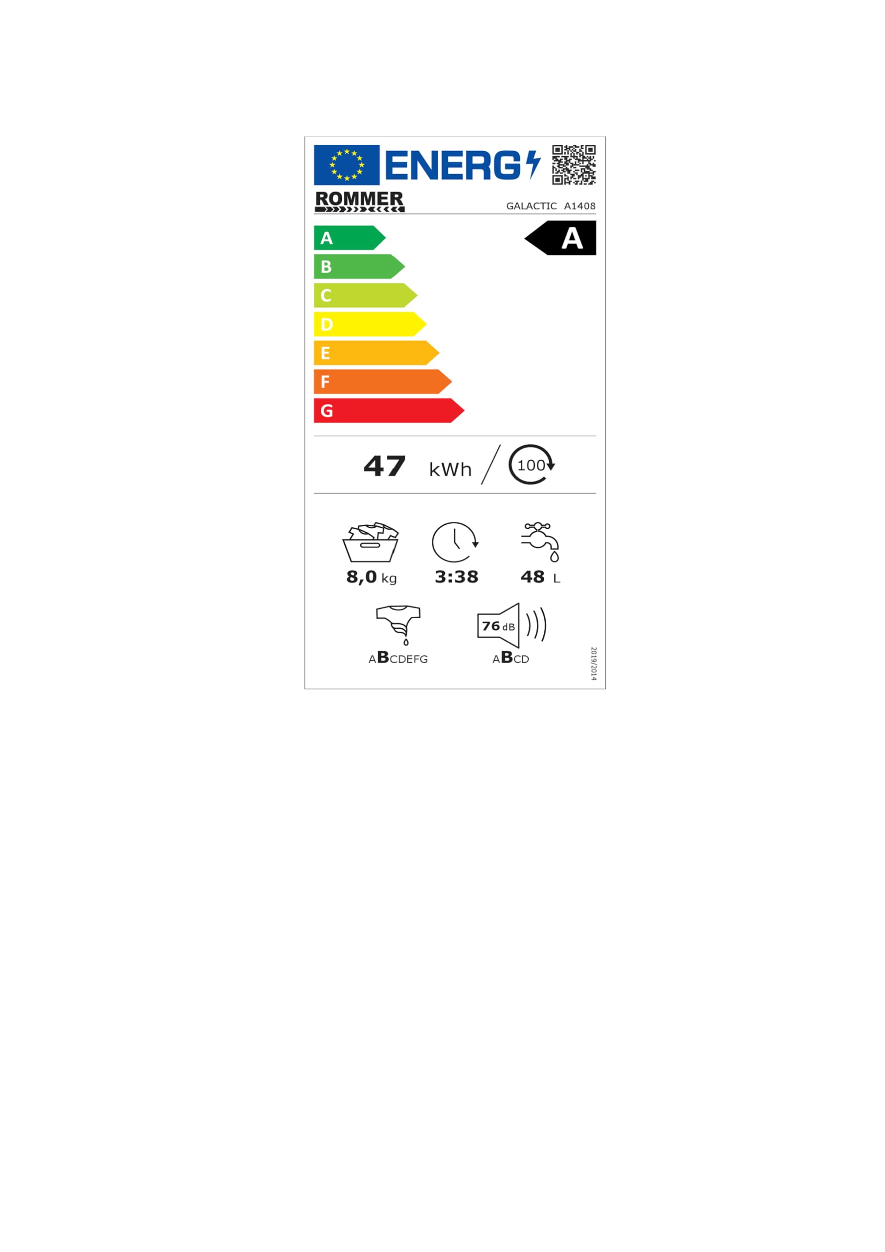 Lavadora Rommer Galactic A1408 carga frontal, capacidad 8 Kg, Clasificación energética clase A, blanco