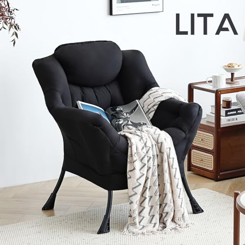 Image of LITA Lazy Chair with Armrests and Side Pocket, Modern Upholstered Accent Reading Chair for Living Room, Bedroom, Dorm, Small Spaces, Single Black