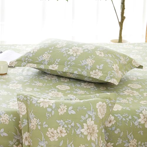Image of Story@Home King Size Bedsheet | Air Cotton Flatsheet King Size with Two Pillow Covers| 240 TC | Super Soft Bed Sheet for King Size Bed | Floral Design (270 x 250 cm, Green & White)