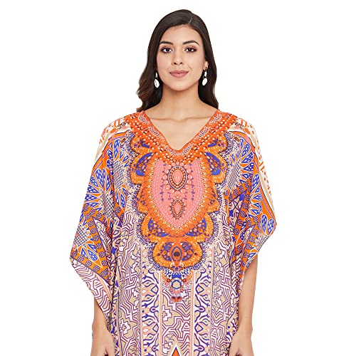 Image of Women Long Maxi Plus Size Polyester Kaftan Gown, Womens Kaftan Dresses | Lounge Resort Wear, Batwing Sleeve Side Slit, Beach Cover Up, House Dress, Lightweight V Neck Loose Fit Boho Dress
