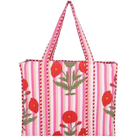 KLAVATE Women 100% Cotton Quilted Shoulder Bag Tote Bag Beach Casual Work Bag Women Large Capacity Bags for Shopping (DESIGN 13) Cover
