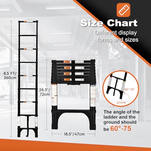 HBTower Telescopic Ladder with Non-Slip Feet, 2.6M/8.5FT Thickened High-Strength Aluminum Extendable ladders, Adjustable Height Collapsible Ladder for Caravans lofts, outdoors and Interiors,Black 4 HBTower Telescopic Ladder with Non-Slip Feet, 2.6M/8.5FT Thickened High-Strength Aluminum Extendable ladders, Adjustable Height Collapsible Ladder for Caravans lofts, outdoors and Interiors,Black - Image 4